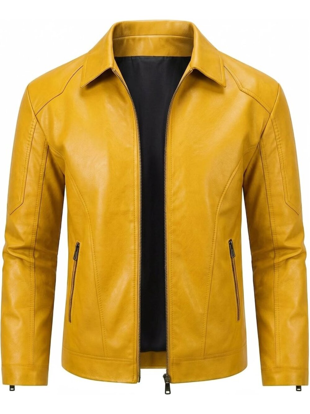 Men's Yellow Faux Leather Motorcycle Jacket Vintage Slim Fit Biker Coat